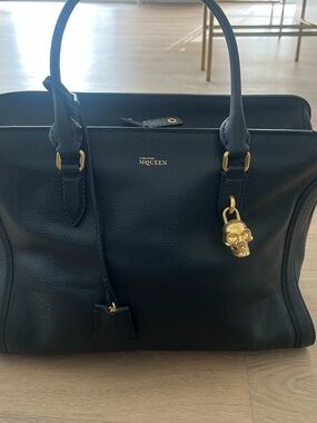 Alexander McQueen Black Leather Top-Handle Satchel with Gold Skull Accent